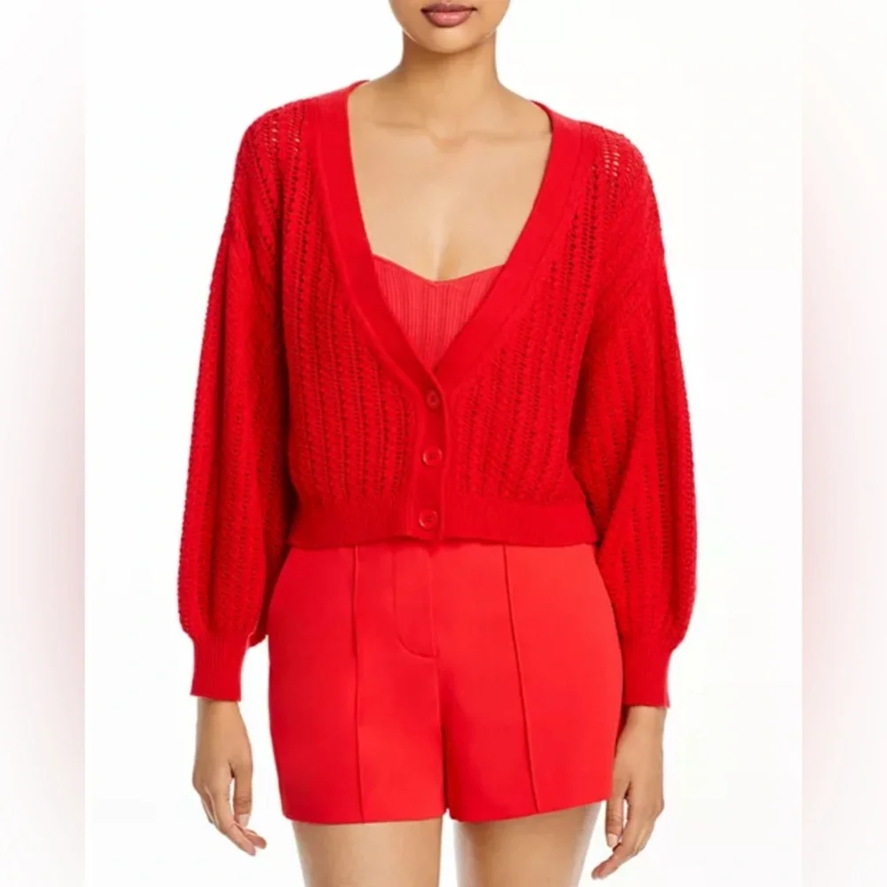 Alice + Olivia Red Windsor Deep V-Neck Slouchy Knitted Cardigan Sweater Wool XS - Picture 2 of 16